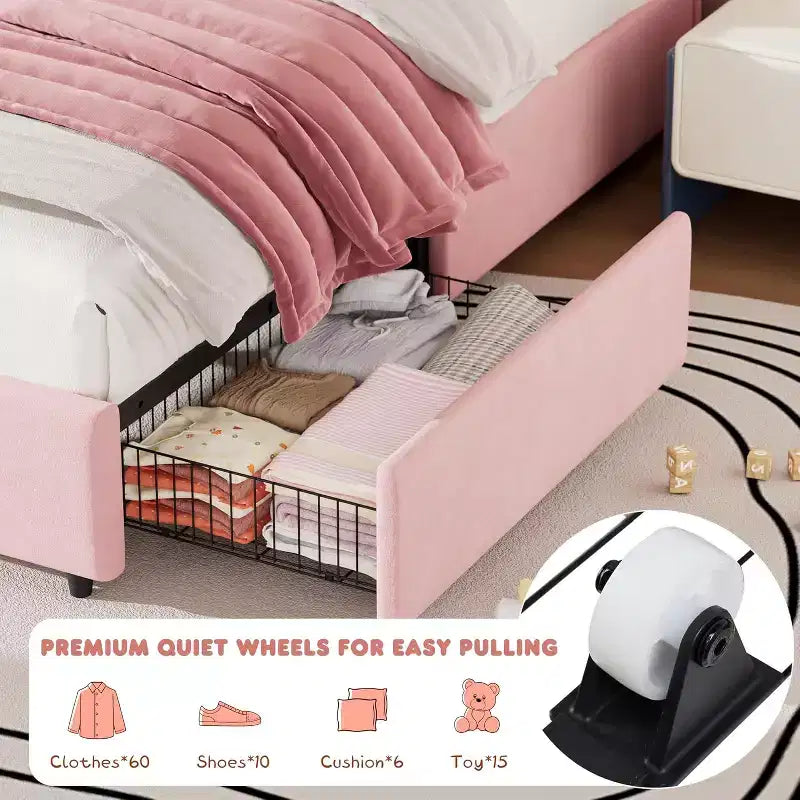 Struttura Letto Singolo in Velluto con Cassetti Contenitore, Blu/Rosa/Bianco, 1 Persona