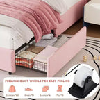 Struttura Letto Singolo in Velluto con Cassetti Contenitore, Blu/Rosa/Bianco, 1 Persona