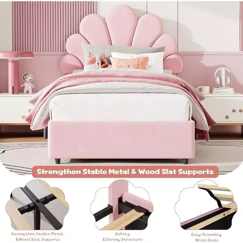 Struttura Letto Singolo in Velluto con Cassetti Contenitore, Blu/Rosa/Bianco, 1 Persona