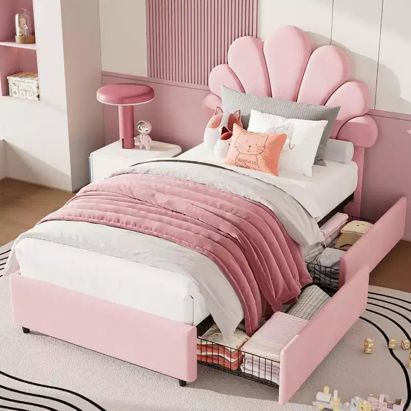 Struttura Letto Singolo in Velluto con Cassetti Contenitore, Blu/Rosa/Bianco, 1 Persona