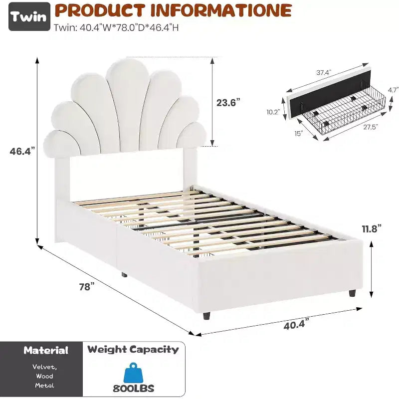 Struttura Letto Singolo in Velluto con Cassetti Contenitore, Blu/Rosa/Bianco, 1 Persona