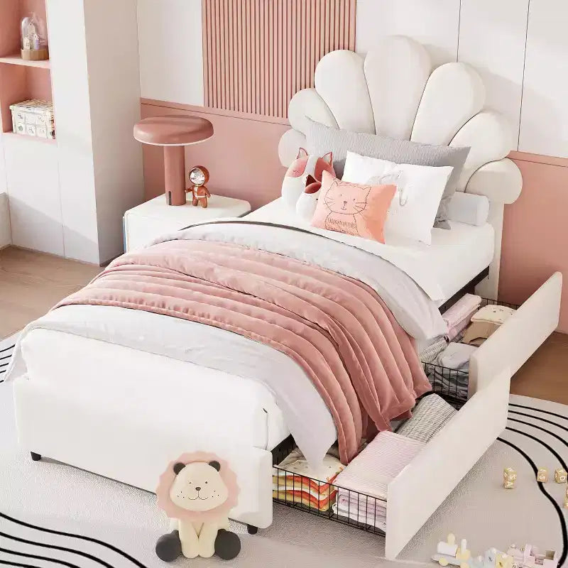 Struttura Letto Singolo in Velluto con Cassetti Contenitore, Blu/Rosa/Bianco, 1 Persona