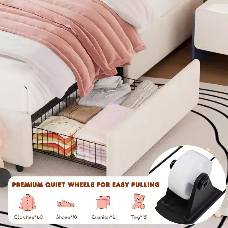Struttura Letto Singolo in Velluto con Cassetti Contenitore, Blu/Rosa/Bianco, 1 Persona