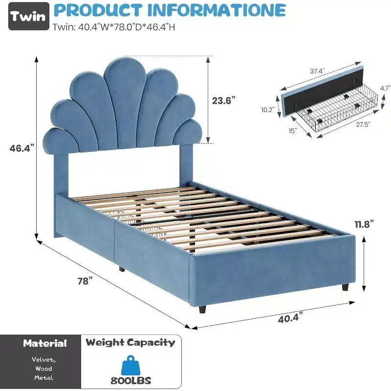Struttura Letto Singolo in Velluto con Cassetti Contenitore, Blu/Rosa/Bianco, 1 Persona