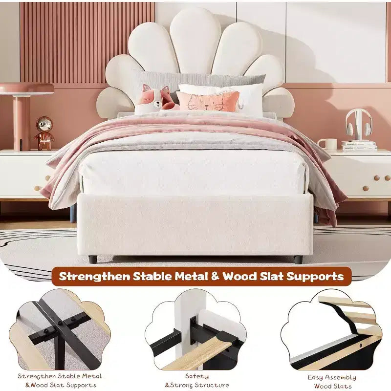 Struttura Letto Singolo in Velluto con Cassetti Contenitore, Blu/Rosa/Bianco, 1 Persona