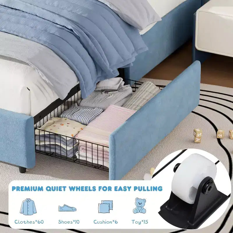 Struttura Letto Singolo in Velluto con Cassetti Contenitore, Blu/Rosa/Bianco, 1 Persona