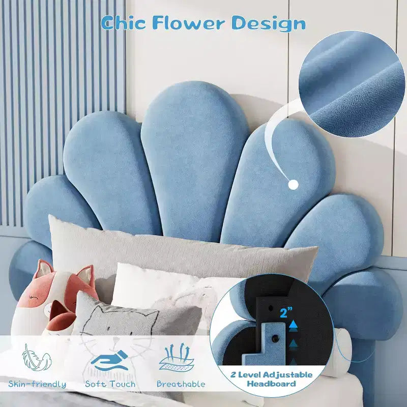 Struttura Letto Singolo in Velluto con Cassetti Contenitore, Blu/Rosa/Bianco, 1 Persona