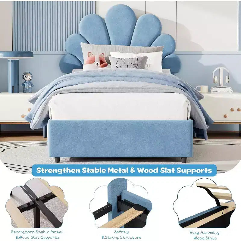 Struttura Letto Singolo in Velluto con Cassetti Contenitore, Blu/Rosa/Bianco, 1 Persona
