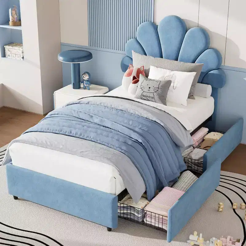 Struttura Letto Singolo in Velluto con Cassetti Contenitore, Blu/Rosa/Bianco, 1 Persona