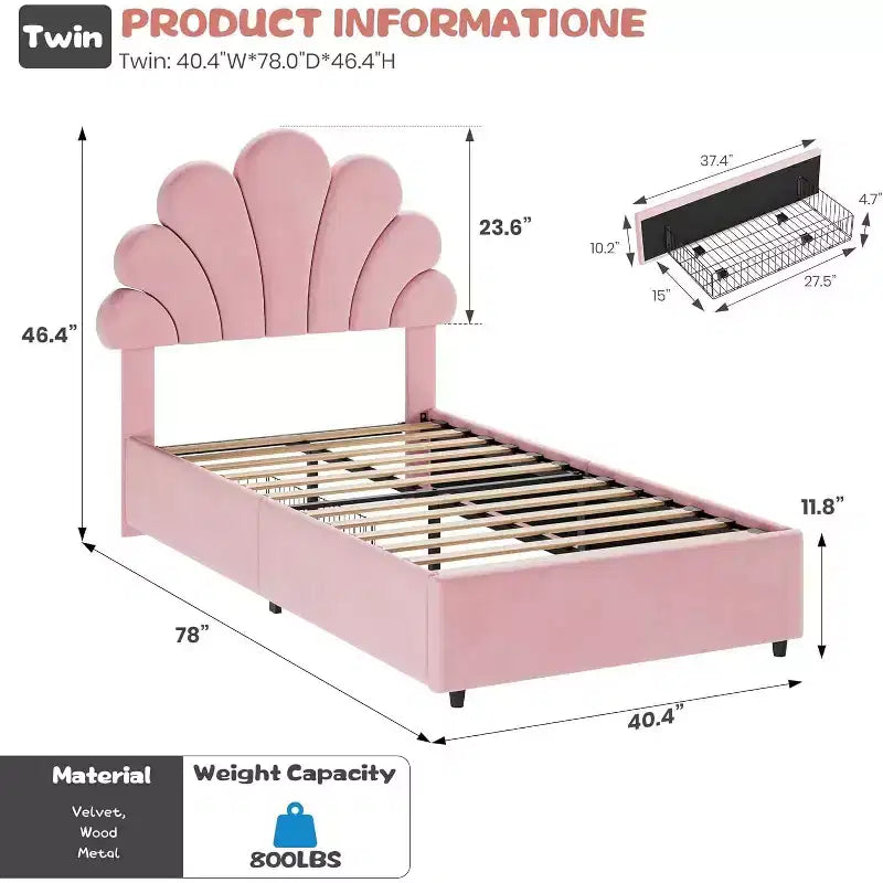 Struttura Letto Singolo in Velluto con Cassetti Contenitore, Blu/Rosa/Bianco, 1 Persona