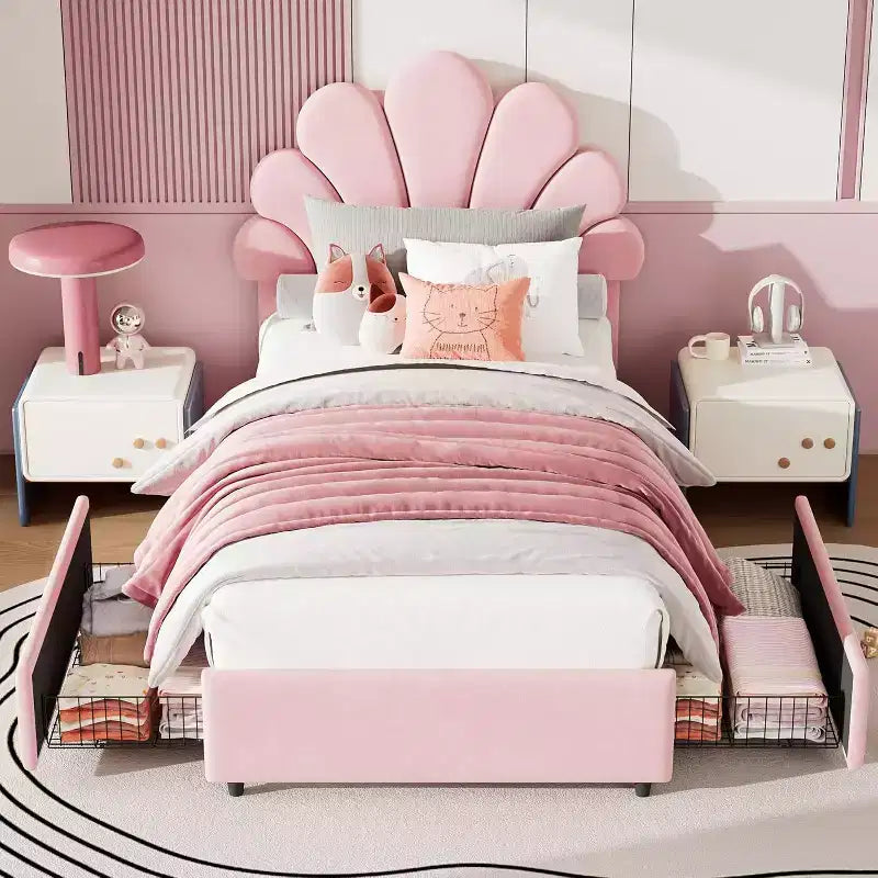 Struttura Letto Singolo in Velluto con Cassetti Contenitore, Blu/Rosa/Bianco, 1 Persona