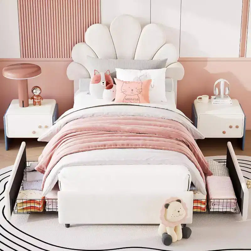 Struttura Letto Singolo in Velluto con Cassetti Contenitore, Blu/Rosa/Bianco, 1 Persona