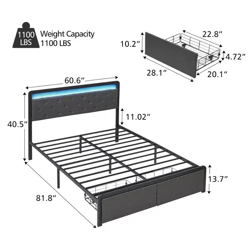 Letto a piattaforma imbottito grigio con testiera a LED e 2 cassetti, matrimoniale/queen size