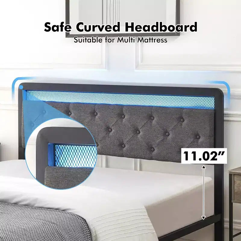 Letto a piattaforma imbottito grigio con testiera a LED e 2 cassetti, matrimoniale/queen size