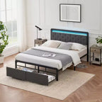 Letto a piattaforma imbottito grigio con testiera a LED e 2 cassetti, matrimoniale/queen size