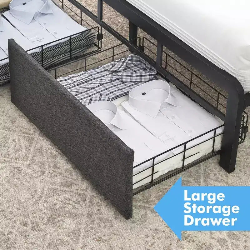 Letto a piattaforma imbottito grigio con testiera a LED e 2 cassetti, matrimoniale/queen size