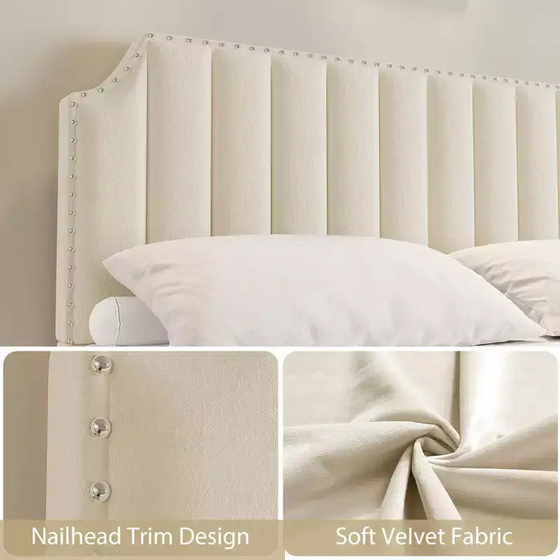 Letto a piattaforma imbottito beige, testiera e pediera trapuntate, senza bisogno di rete a molle, per 1-2 persone