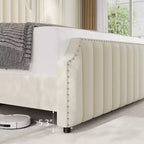 Letto a piattaforma imbottito beige, testiera e pediera trapuntate, senza bisogno di rete a molle, per 1-2 persone