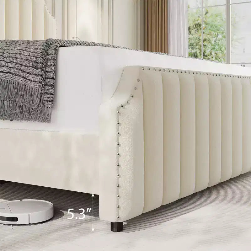 Letto a piattaforma imbottito beige, testiera e pediera trapuntate, senza bisogno di rete a molle, per 1-2 persone