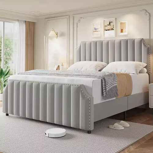 Suede upholstered platform bed frame  50.2 inches high, quilted headboard and footboard with rivets, no spring mattress required, beige.