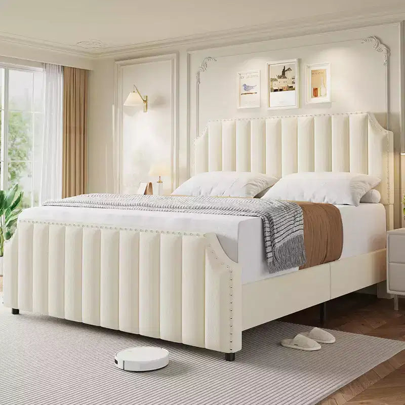 Letto a piattaforma imbottito beige, testiera e pediera trapuntate, senza bisogno di rete a molle, per 1-2 persone