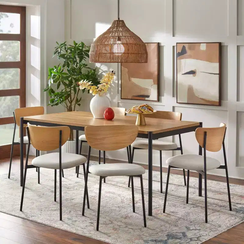 Set da pranzo rettangolare in rovere/nero, 6 posti, 7 pezzi