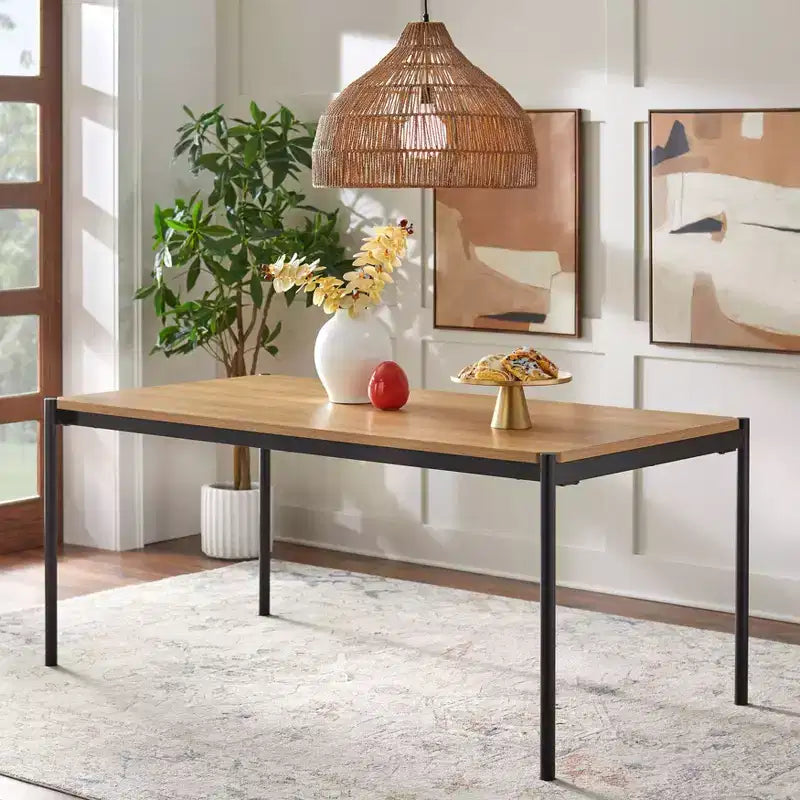 Set da pranzo rettangolare in rovere/nero, 6 posti, 7 pezzi