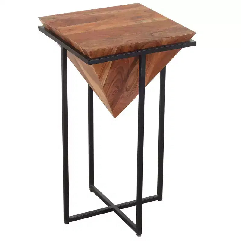 The Urban Port 26" Pyramid Shape Wooden Side Table with Cross Metal Base Brown/Black