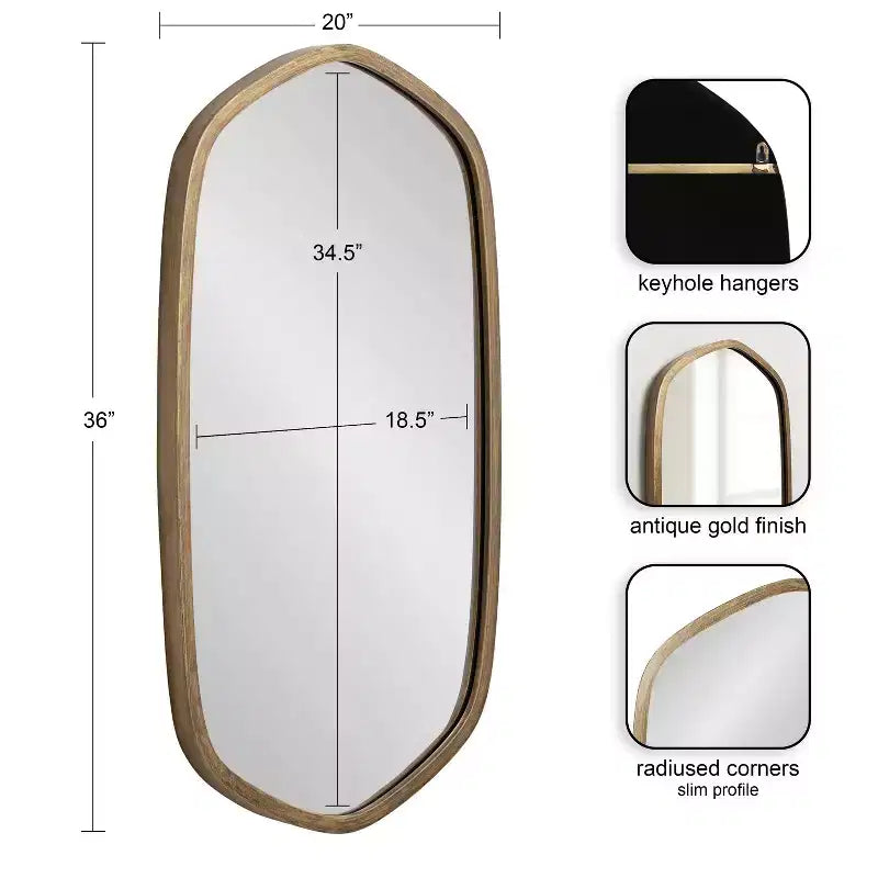 Specchio da Parete Esagonale con Cornice, Nero/Oro, 1 Pezzo