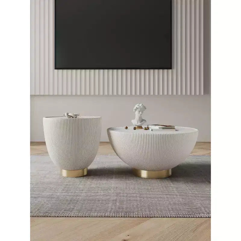 Set di tavolini da caffè e d'appoggio rotondi in finto marmo, 2 pezzi, crema / grigio crema / grigio / verde / arancione