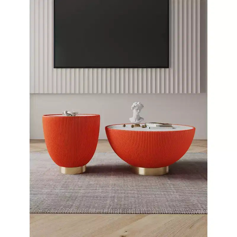 Set di tavolini da caffè e d'appoggio rotondi in finto marmo, 2 pezzi, crema / grigio crema / grigio / verde / arancione