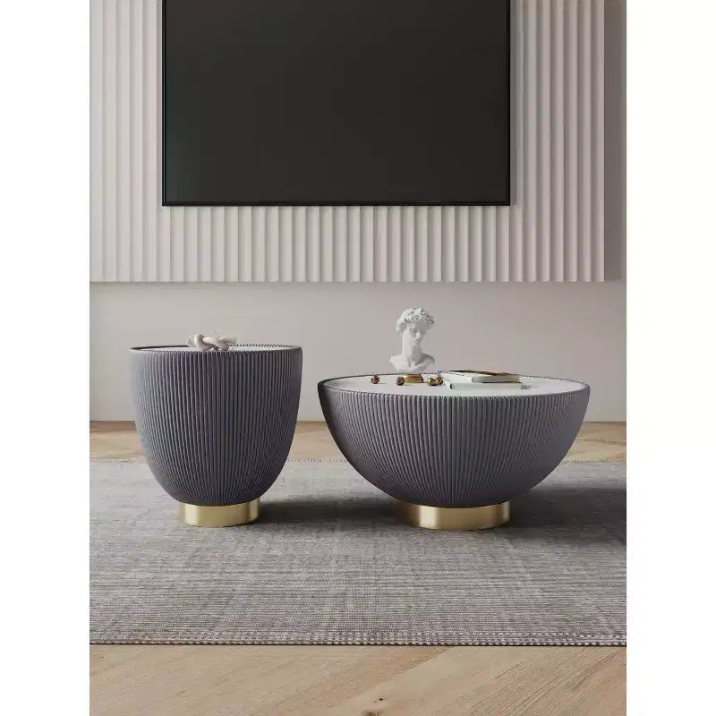 Set di tavolini da caffè e d'appoggio rotondi in finto marmo, 2 pezzi, crema / grigio crema / grigio / verde / arancione