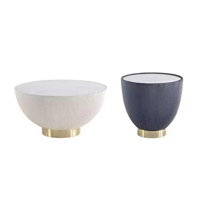 Set di tavolini da caffè e d'appoggio rotondi in finto marmo, 2 pezzi, crema / grigio crema / grigio / verde / arancione