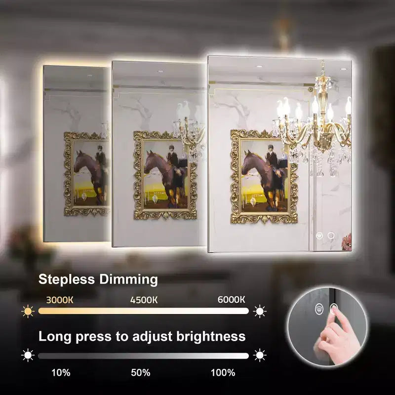 Specchio da Bagno con Luce a LED Bianca/Calda/Neutrale, Dimmerabile e Anti-Appannamento, Montaggio a Parete, 1 Posto
