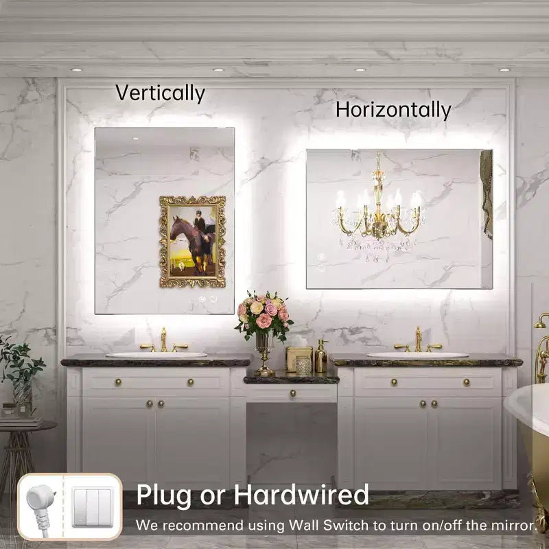 Specchio da Bagno con Luce a LED Bianca/Calda/Neutrale, Dimmerabile e Anti-Appannamento, Montaggio a Parete, 1 Posto