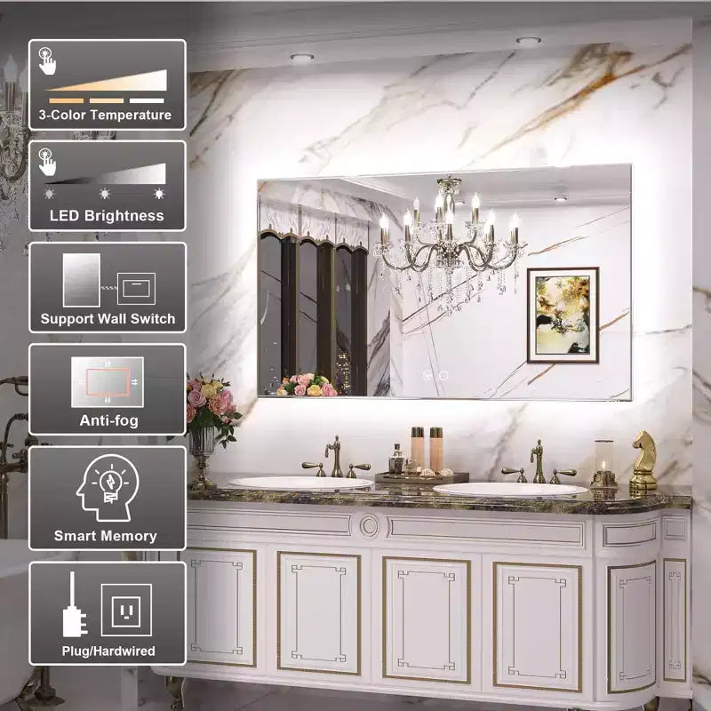Specchio da Bagno con Luce a LED Bianca/Calda/Neutrale, Dimmerabile e Anti-Appannamento, Montaggio a Parete, 1 Posto