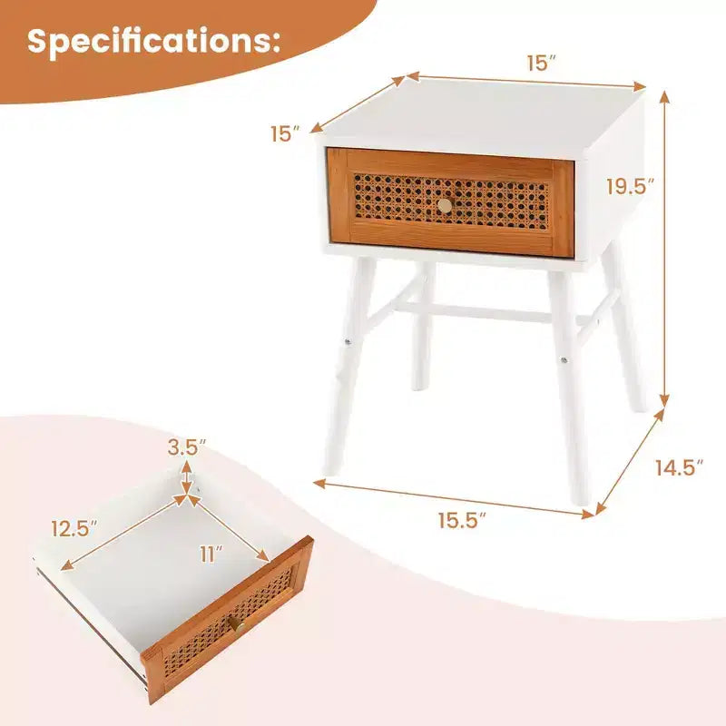 Comodino in Rattan Bianco e Marrone con Cassetto, 1-2 pz