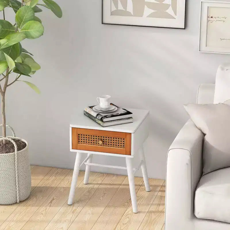 Comodino in Rattan Bianco e Marrone con Cassetto, 1-2 pz