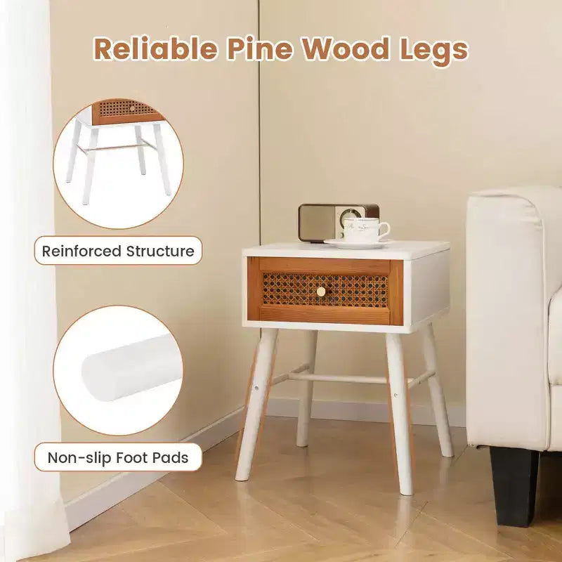 Comodino in Rattan Bianco e Marrone con Cassetto, 1-2 pz
