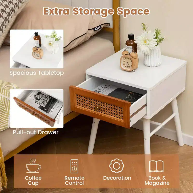 Comodino in Rattan Bianco e Marrone con Cassetto, 1-2 pz