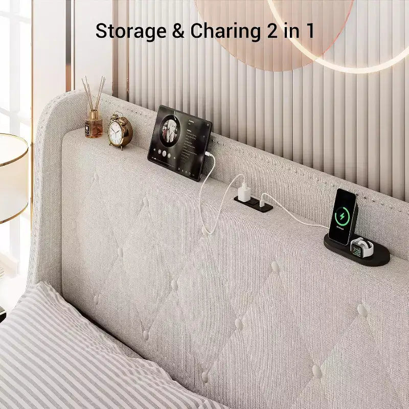 Struttura letto imbottita con testiera ad alette, beige, con contenitore e ricarica, una piazza e mezza, 1 persona