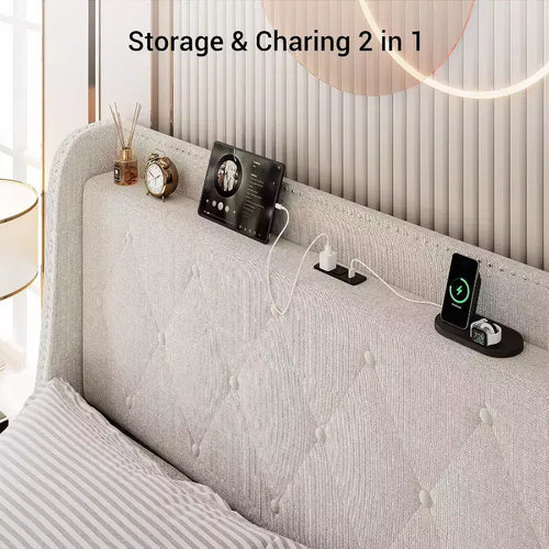 Struttura letto imbottita con testiera ad alette, beige, con contenitore e ricarica, una piazza e mezza, 1 persona