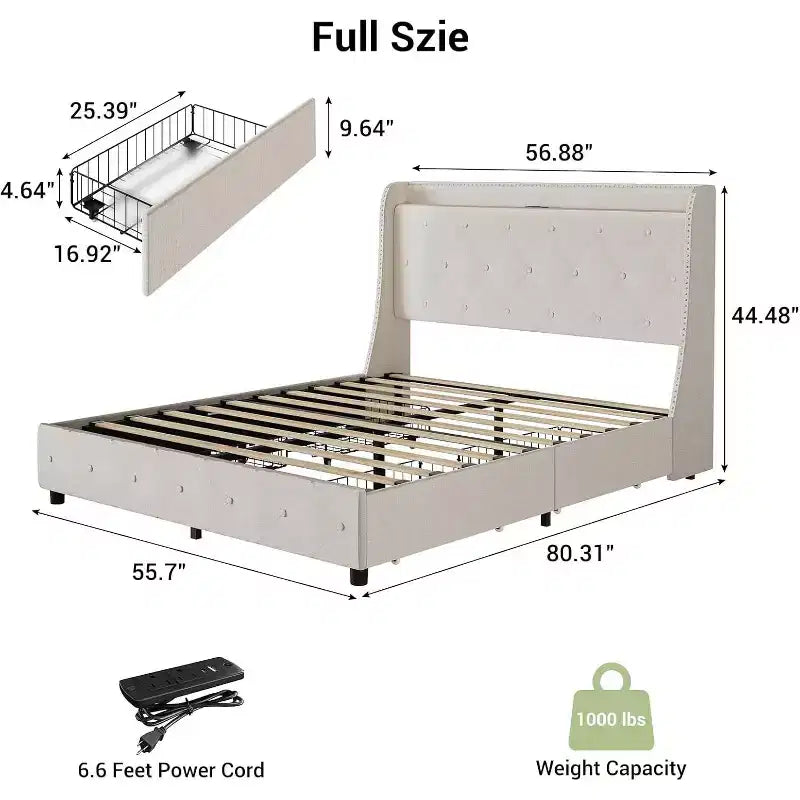 Struttura letto imbottita con testiera ad alette, beige, con contenitore e ricarica, una piazza e mezza, 1 persona