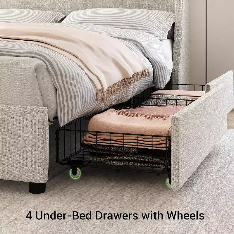 Struttura letto imbottita con testiera ad alette, beige, con contenitore e ricarica, una piazza e mezza, 1 persona