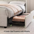 Struttura letto imbottita con testiera ad alette, beige, con contenitore e ricarica, una piazza e mezza, 1 persona