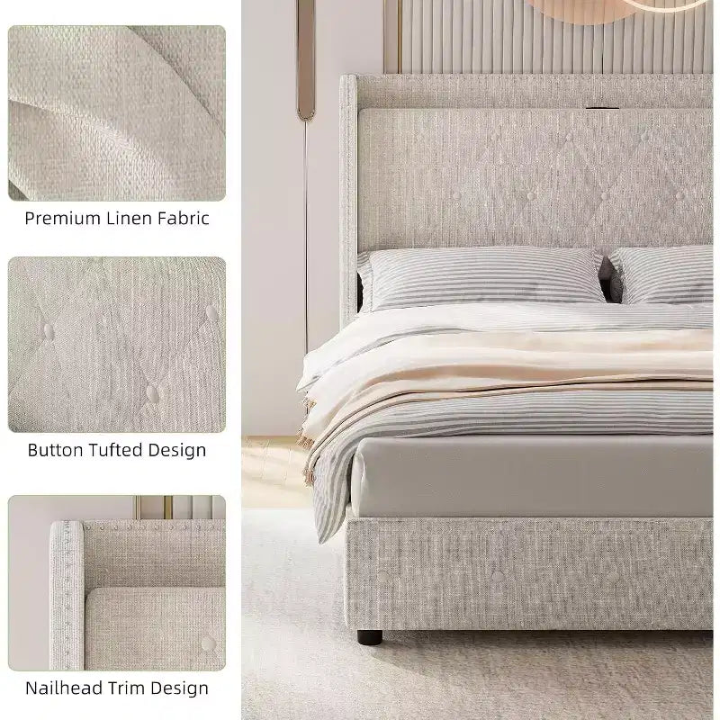 Struttura letto imbottita con testiera ad alette, beige, con contenitore e ricarica, una piazza e mezza, 1 persona