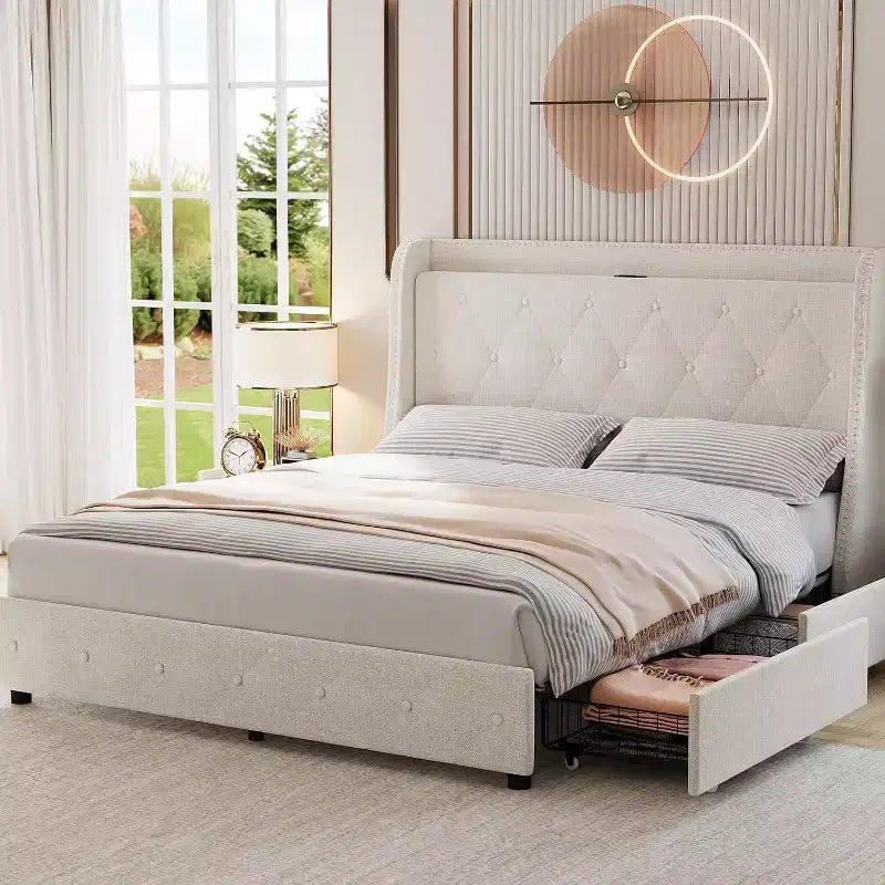 Struttura letto imbottita con testiera ad alette, beige, con contenitore e ricarica, una piazza e mezza, 1 persona