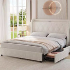 Struttura letto imbottita con testiera ad alette, beige, con contenitore e ricarica, una piazza e mezza, 1 persona