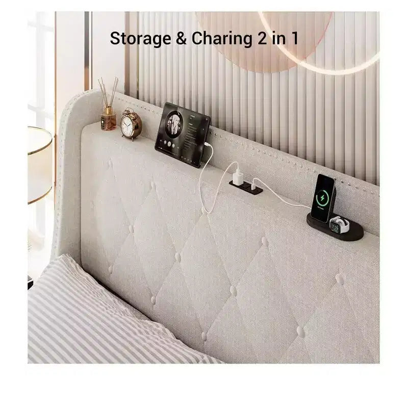 Struttura letto imbottita con testiera ad alette, beige, con contenitore e ricarica, una piazza e mezza, 1 persona
