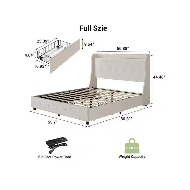 Struttura letto imbottita con testiera ad alette, beige, con contenitore e ricarica, una piazza e mezza, 1 persona